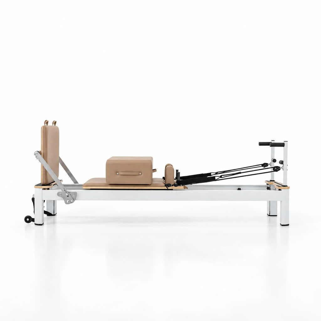Aluminium and Wood Pilates Reformer Set, White Frame with Taupe Upholstery