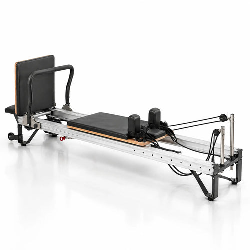 Aluminium and Wood Pilates Reformer with Black Upholstery