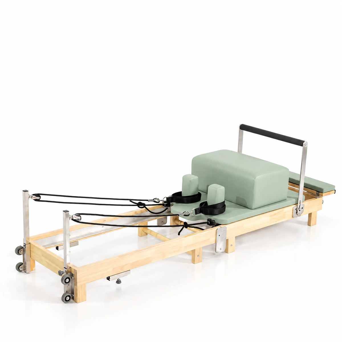 Foldable Maple Pilates Reformer with Sage Green Upholstery and Upright Storage