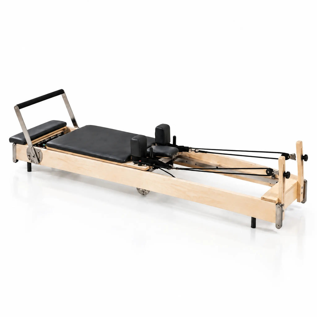 Foldable Maple Wood Pilates Reformer with Steel Backrest Frame, Black