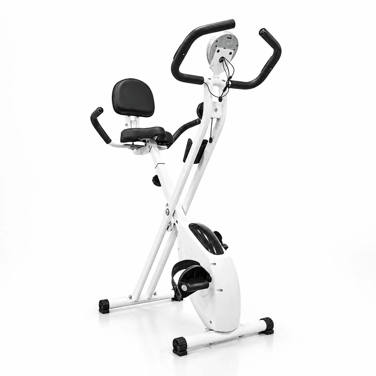 Foldable White Magnetic Exercise Bike with Backrest and Heart Rate Handgrips