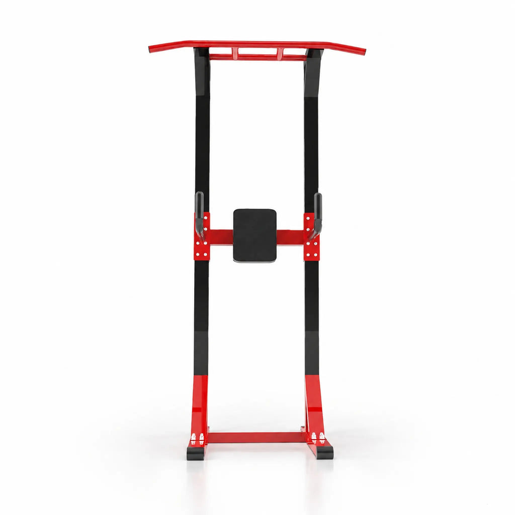 Free-Standing Black and Red Power Tower with Pull-Up Bar and Padded Backrest