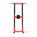 Free-Standing Black and Red Power Tower with Pull-Up Bar and Padded Backrest