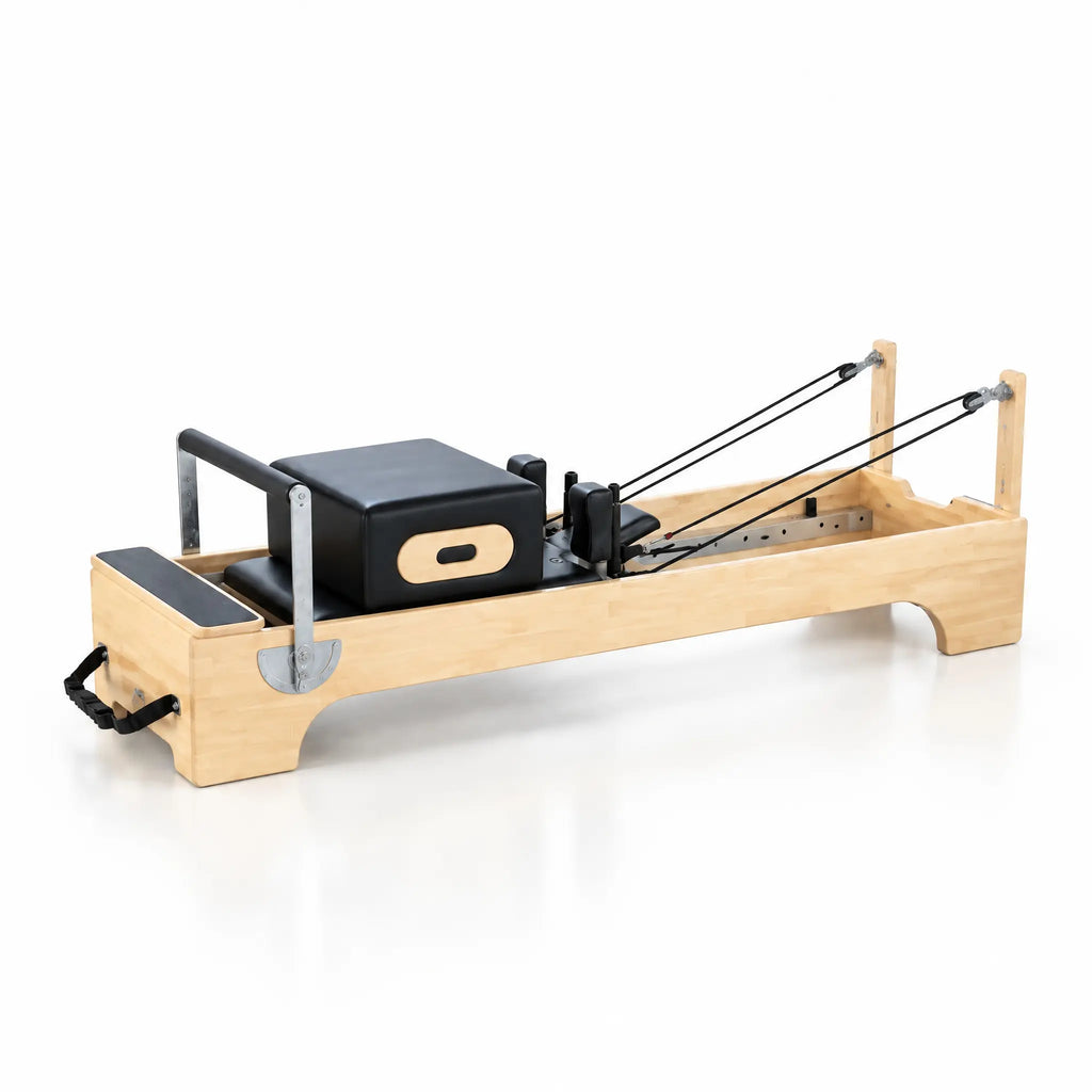 Oak Wood Pilates Reformer with Cut-Out Base and Padded Box
