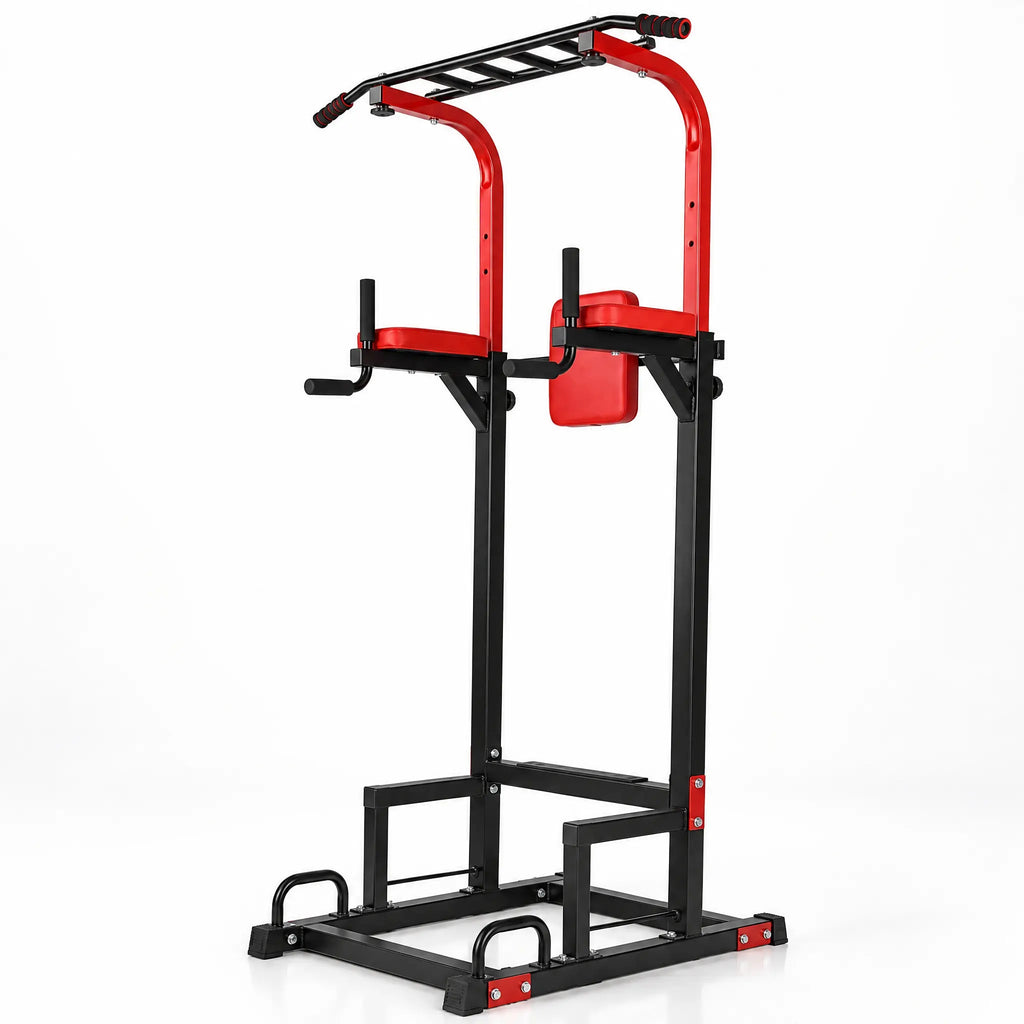 Red and Black Power Tower with Multi-Grip Pull-Up Bar and Dip Station
