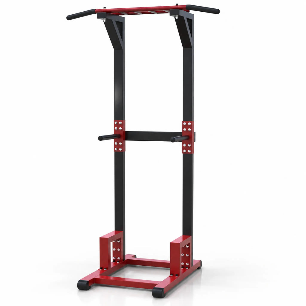Tall Open-Frame Power Tower in Red and Black with Pull-Up Bar and Dip Handles