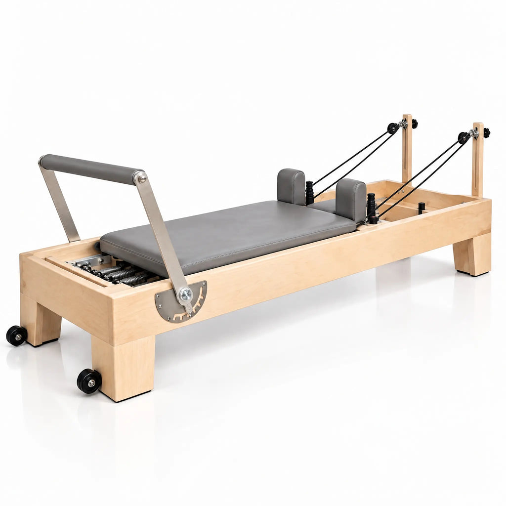 Wooden Pilates Reformer with Grey Padded Carriage and Footbar