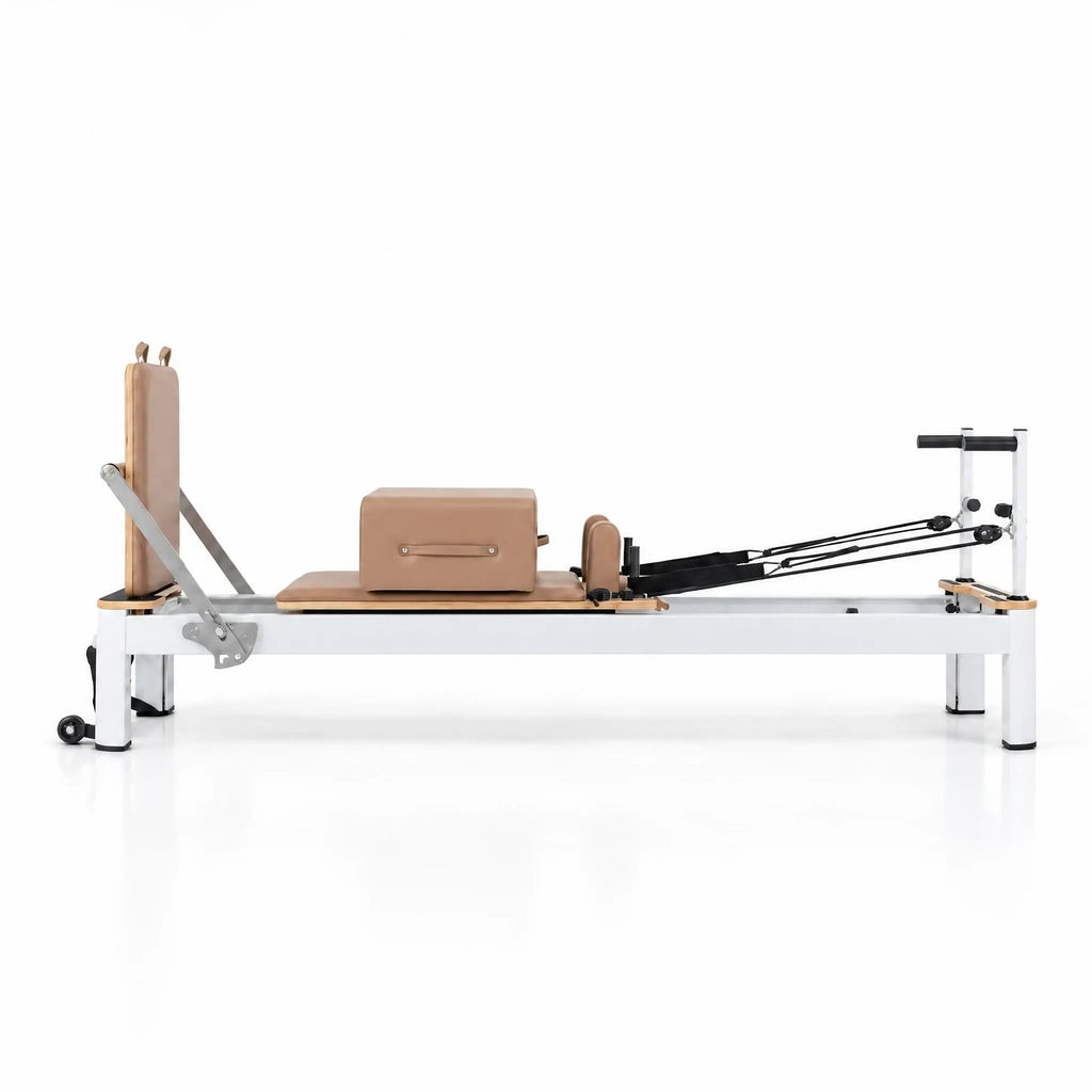 Aluminium and Wood Pilates Reformer Set, White Frame with Taupe Upholstery