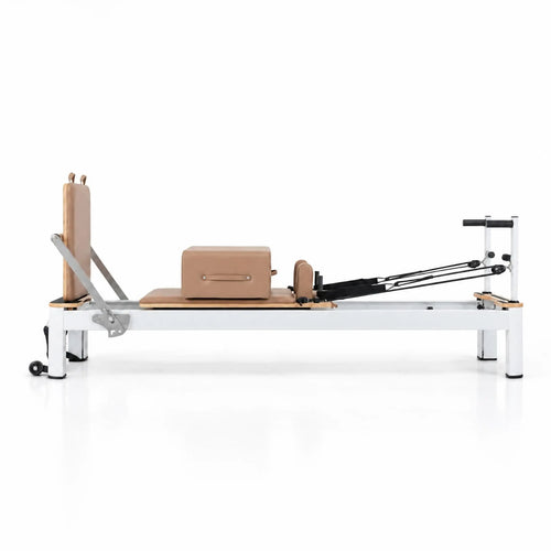 Aluminium and Wood Pilates Reformer Set, White Frame with Taupe Upholstery