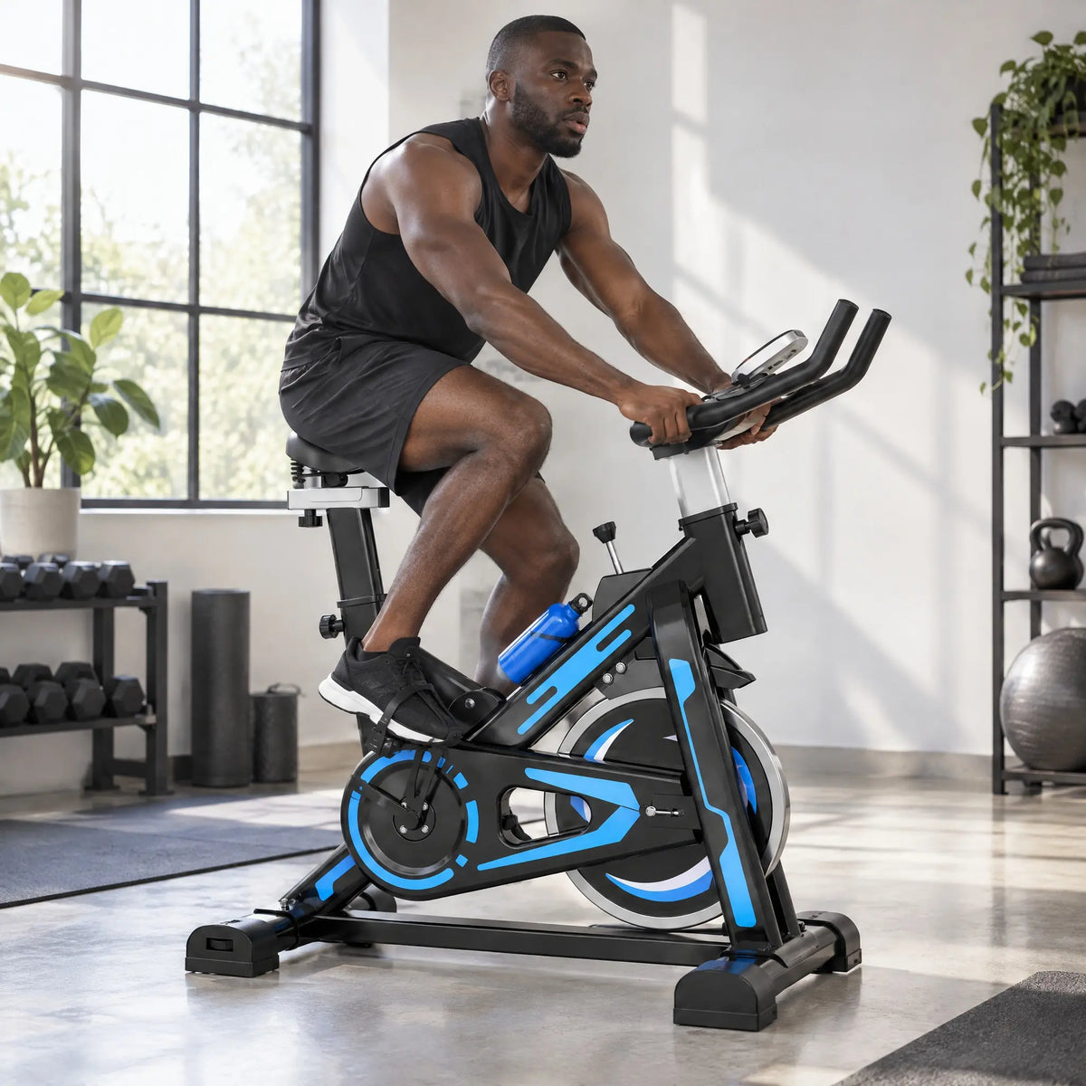 Black and Blue Spin Bike with 6 kg Flywheel, Bottle Holder and LCD Display