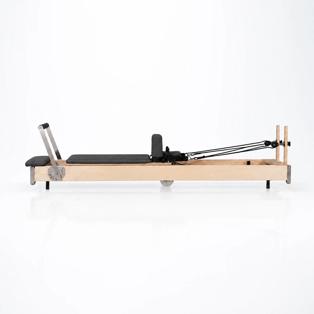 Foldable Maple Wood Pilates Reformer with Steel Backrest Frame, Black