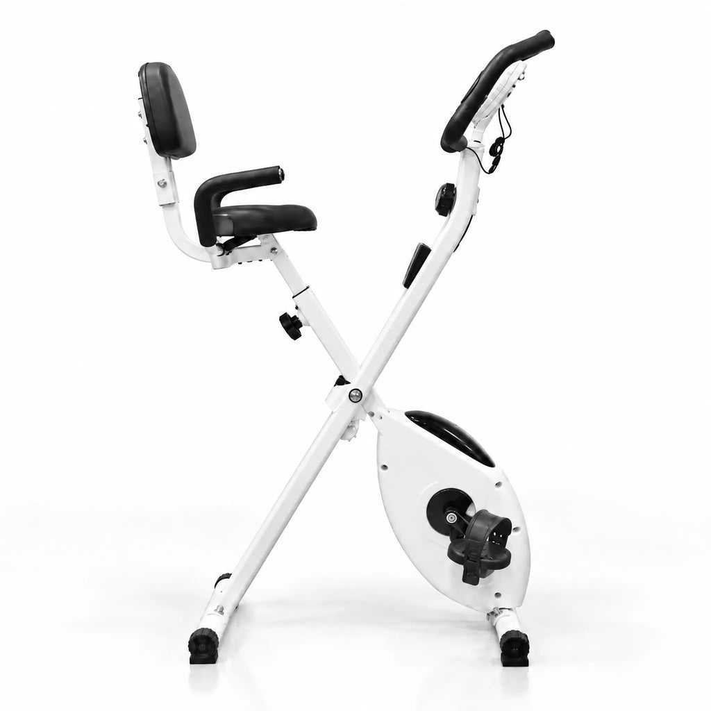 Foldable White Magnetic Exercise Bike with Backrest and Heart Rate Handgrips