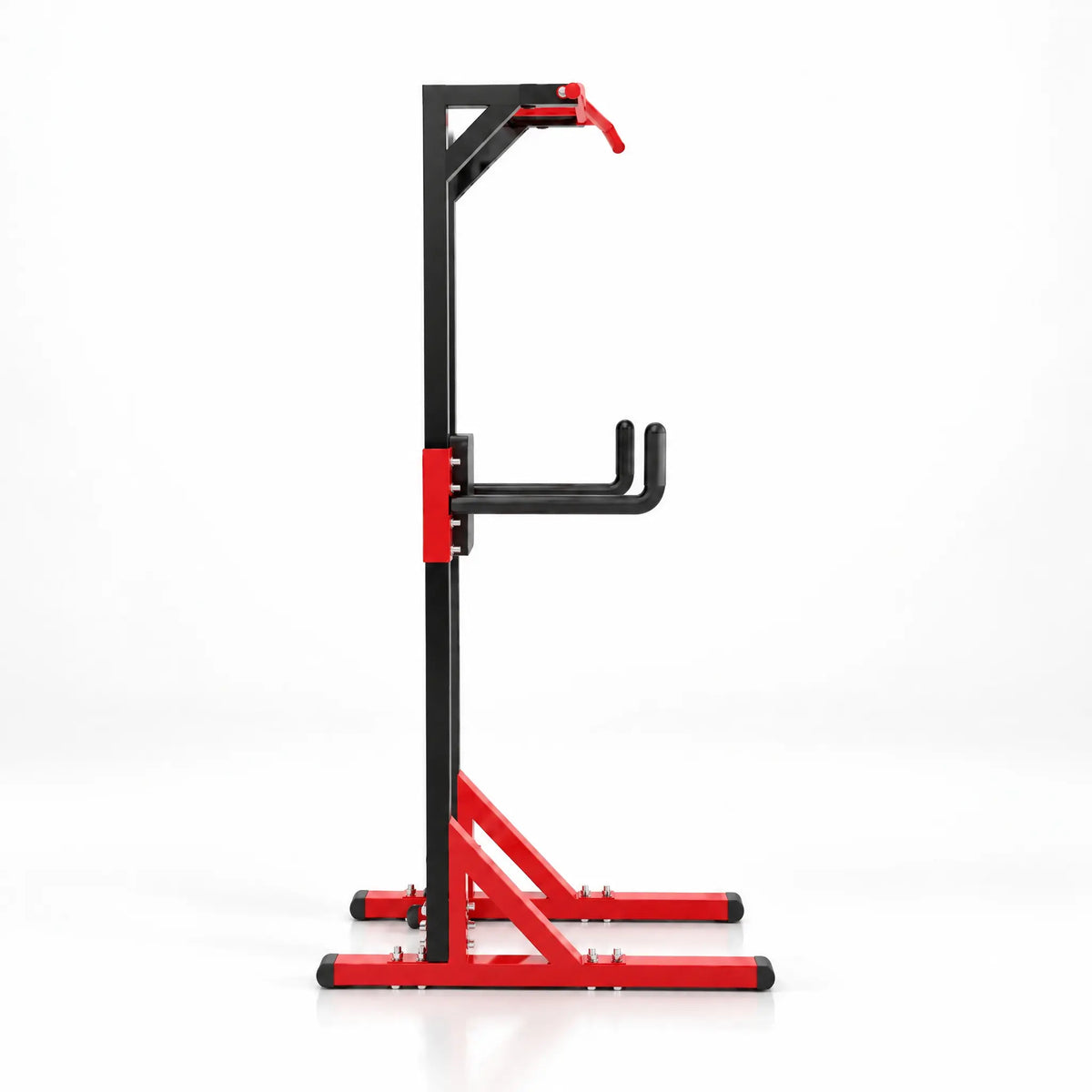 Free-Standing Black and Red Power Tower with Pull-Up Bar and Padded Backrest