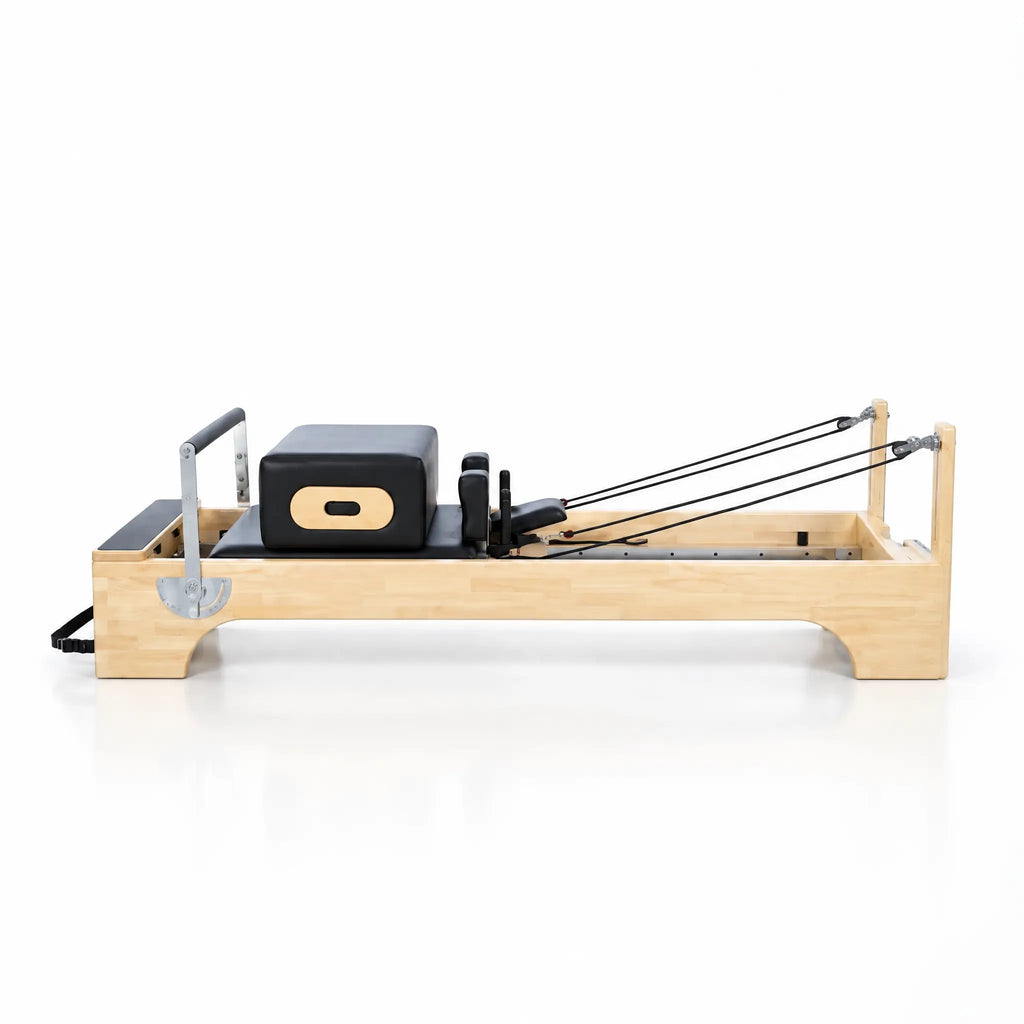 Oak Wood Pilates Reformer with Cut-Out Base and Padded Box