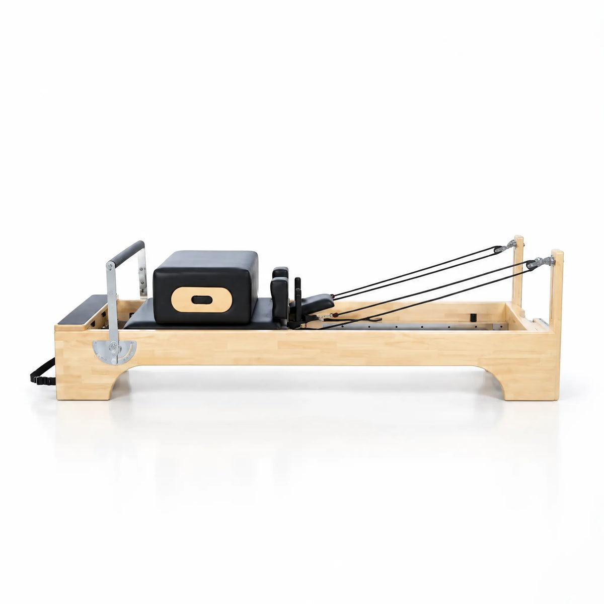 Oak Wood Pilates Reformer with Cut-Out Base and Padded Box