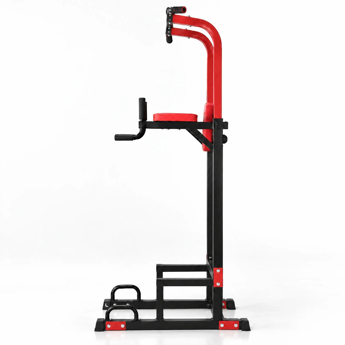 Red and Black Power Tower with Multi-Grip Pull-Up Bar and Dip Station