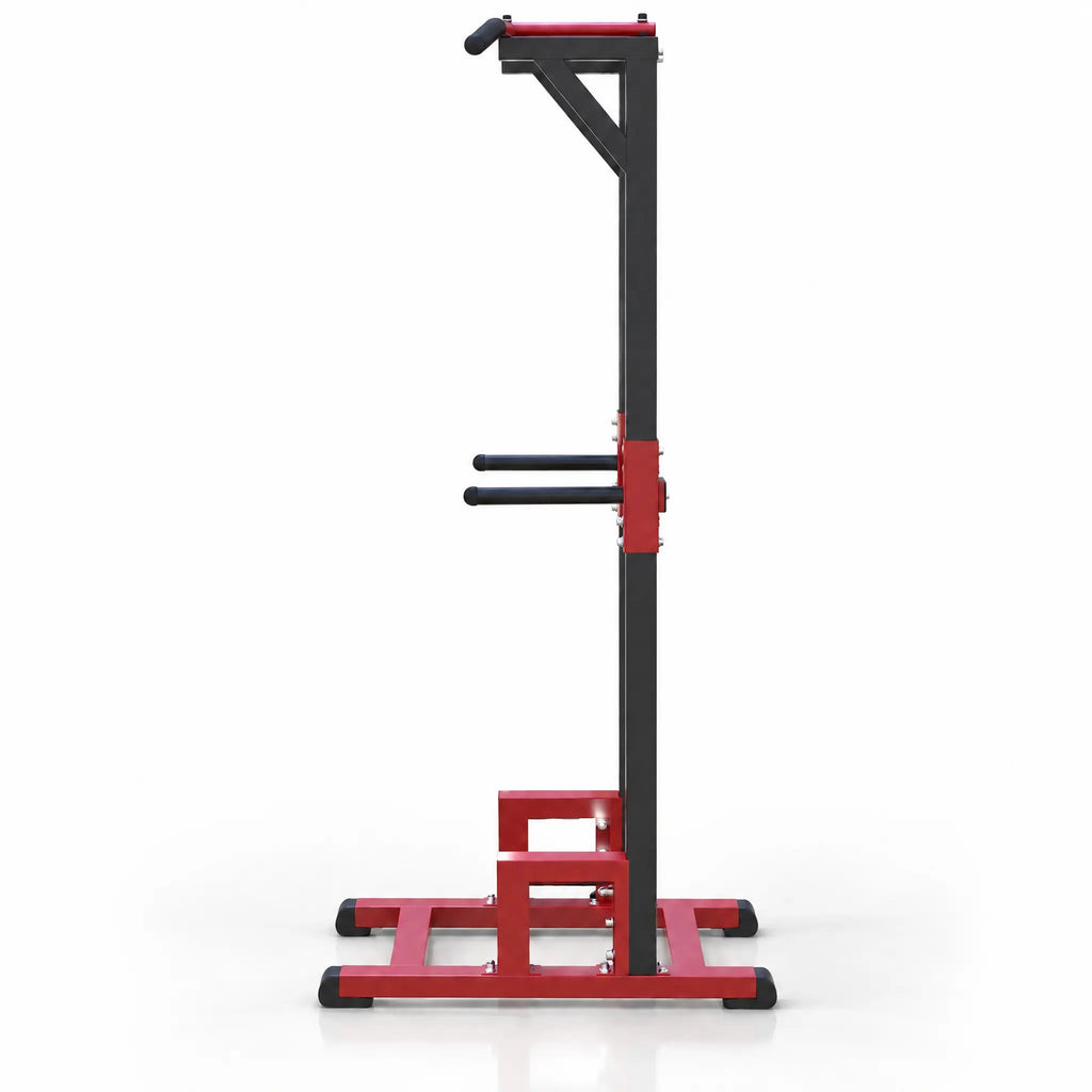 Tall Open-Frame Power Tower in Red and Black with Pull-Up Bar and Dip Handles