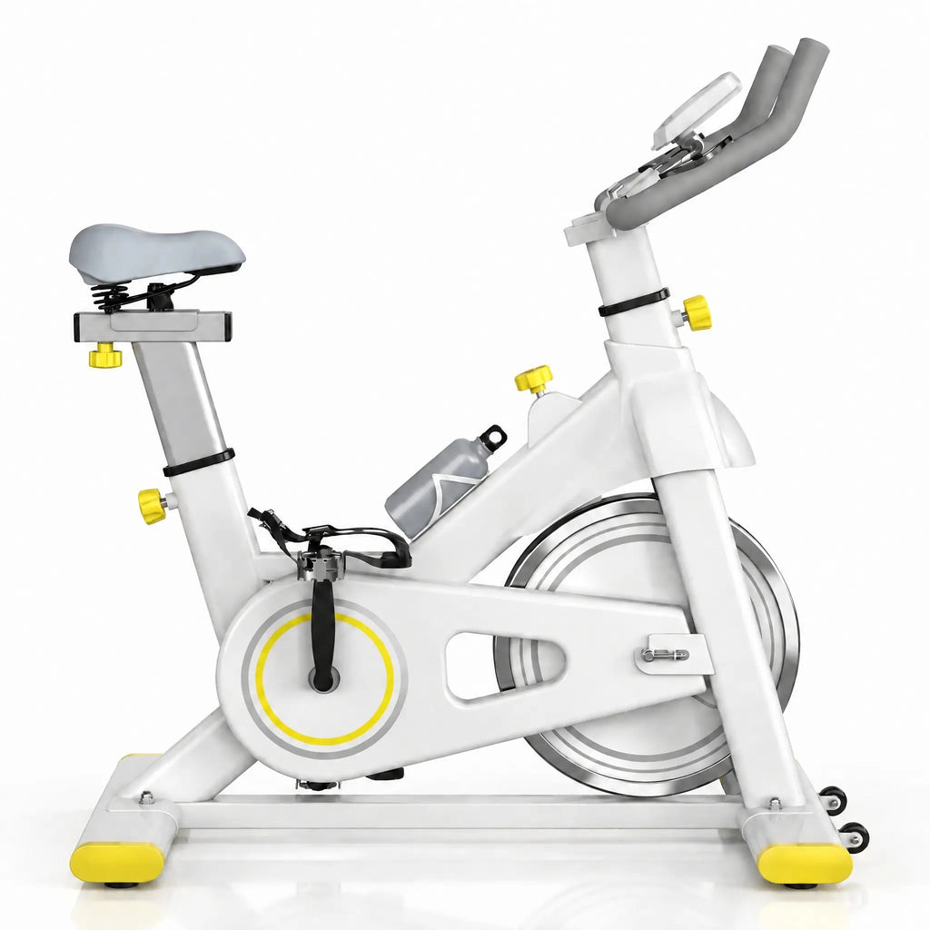 White Spin Bike with Yellow Accents, 6 kg Flywheel and LCD Display