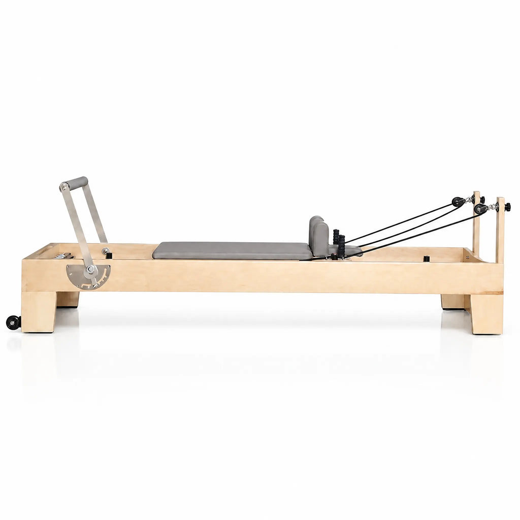 Wooden Pilates Reformer with Grey Padded Carriage and Footbar