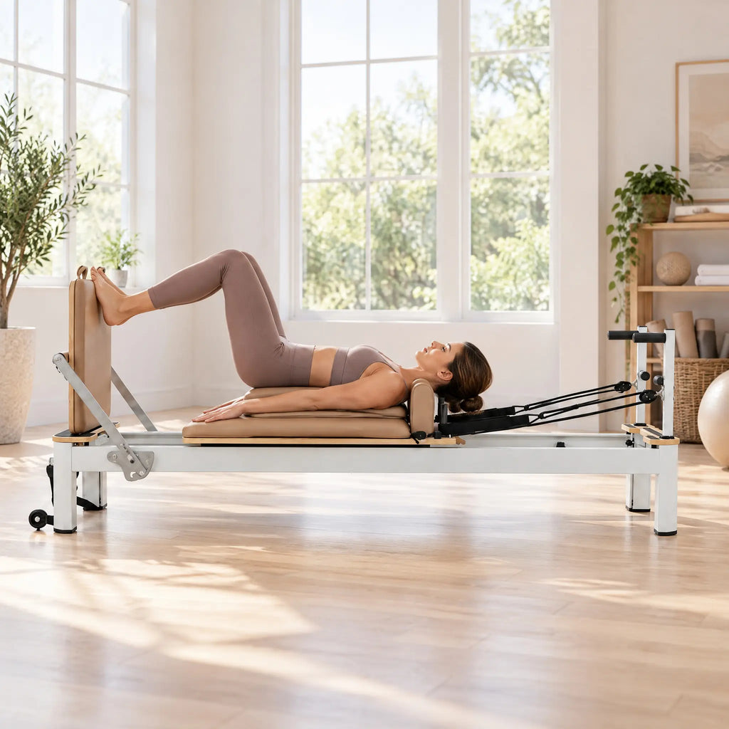 Aluminium and Wood Pilates Reformer Set, White Frame with Taupe Upholstery