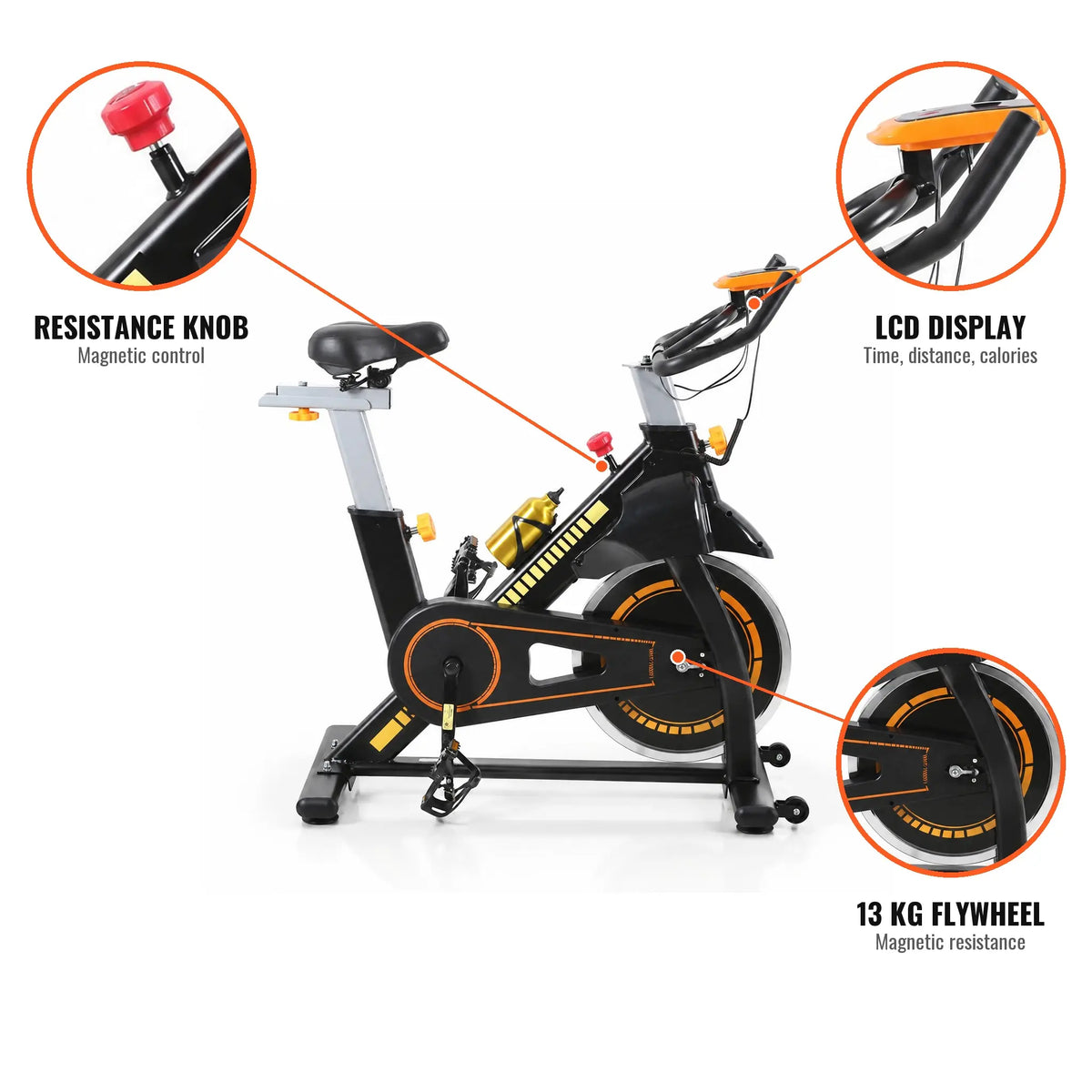 Black Spin Bike with 13 kg Flywheel, Magnetic Resistance and Bottle Holders