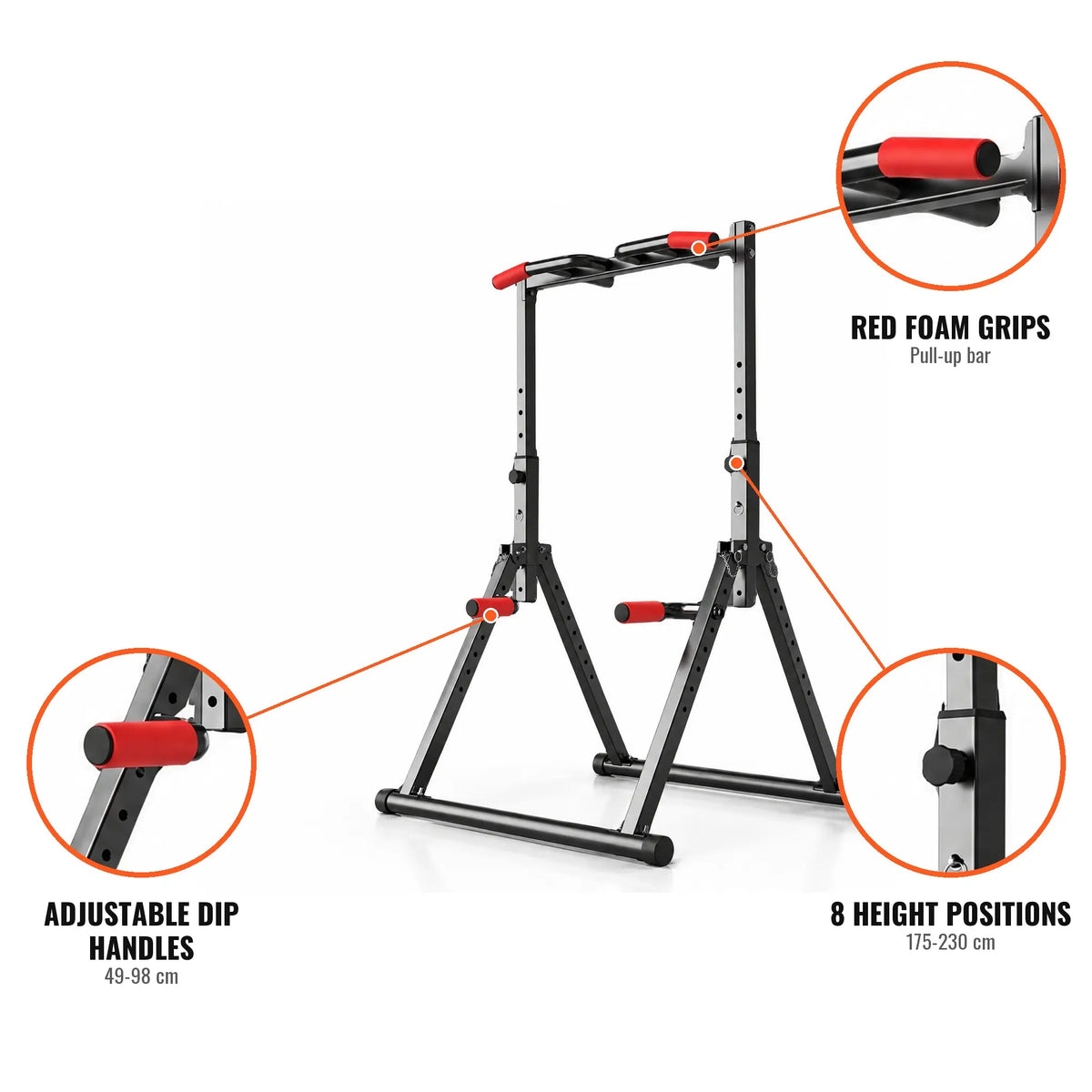 Foldable A-Frame Power Tower with Pull-Up Bar, Dip Handles and Red Foam Grips