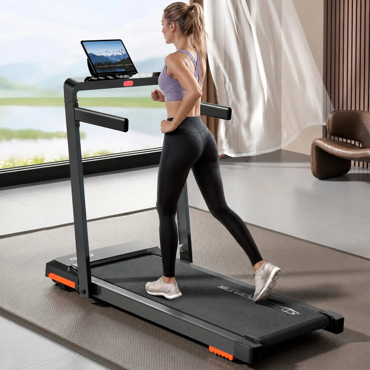 Foldable Home Treadmill with Handrails, Touch LED Display and Tablet Holder