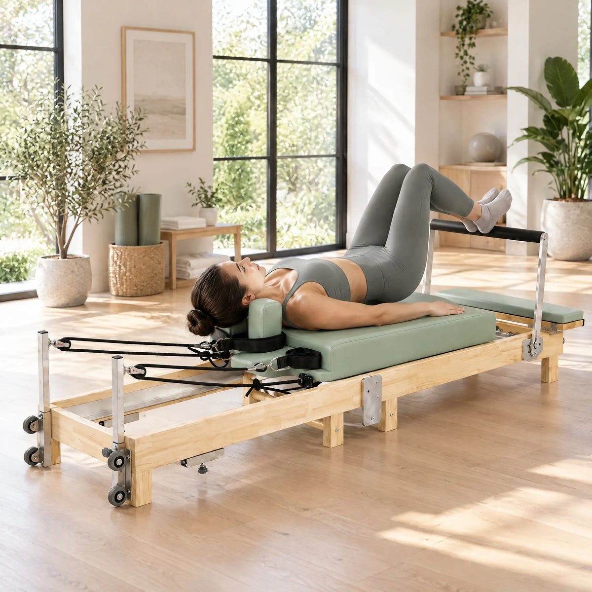 Foldable Maple Pilates Reformer with Sage Green Upholstery and Upright Storage