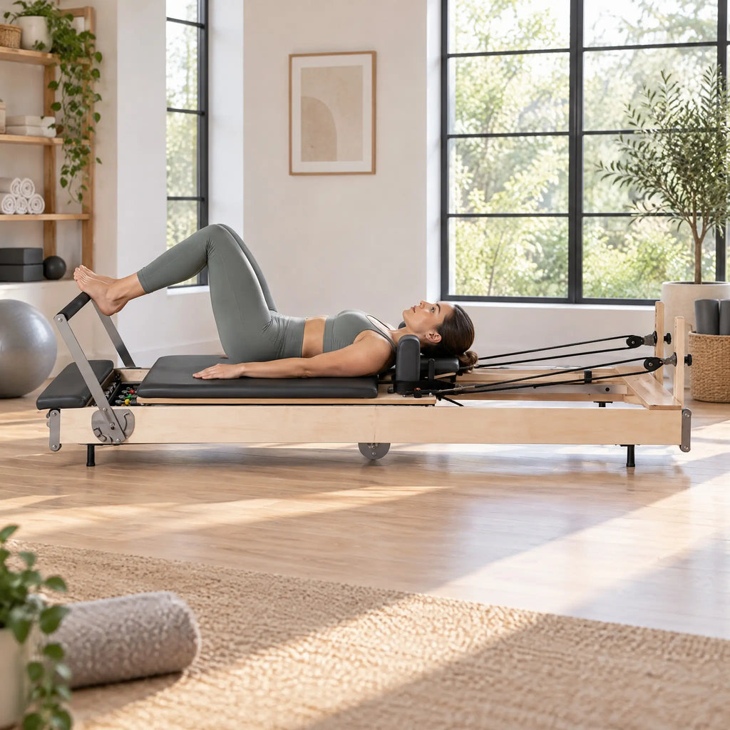 Foldable Maple Wood Pilates Reformer with Steel Backrest Frame