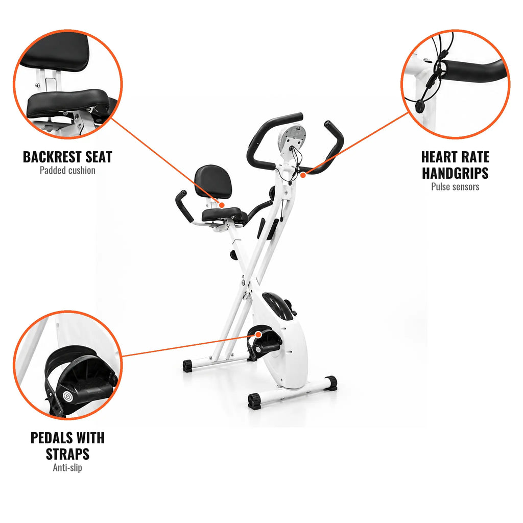 Foldable White Magnetic Exercise Bike with Backrest and Heart Rate Handgrips