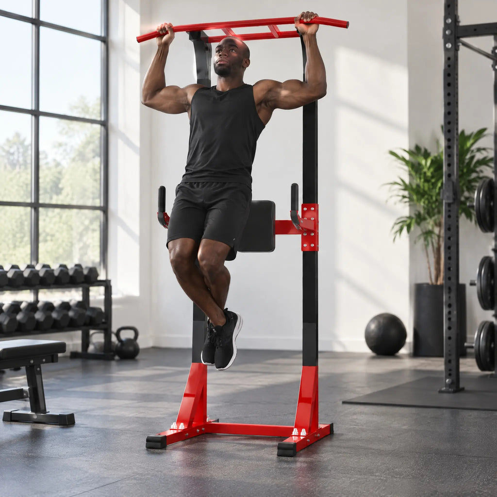 Free-Standing Black and Red Power Tower with Pull-Up Bar and Padded Backrest