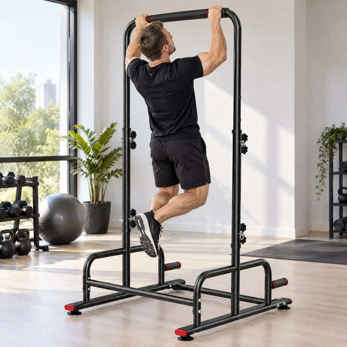Free-Standing Pull-Up Frame with Height-Adjustable Bar and Push-Up Handles