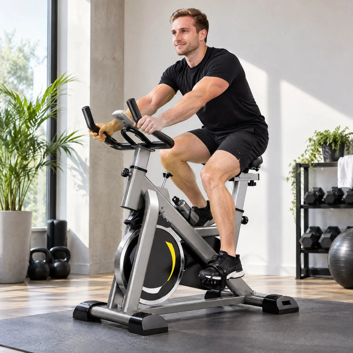 Grey Spin Bike with Yellow Accents, 6 kg Flywheel and LCD Display