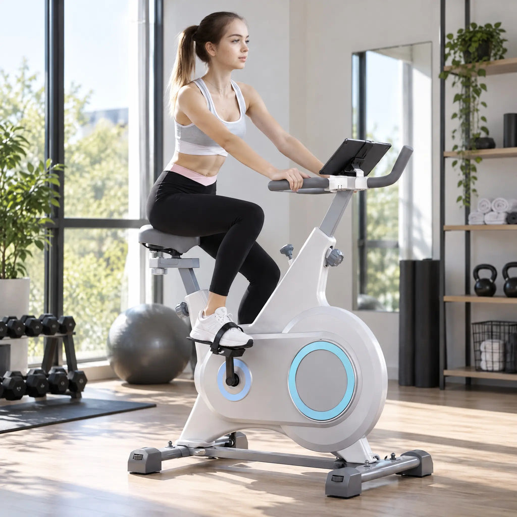 Magnetic Exercise Bike with Belt Drive, Enclosed Flywheel and Tablet Holder, White