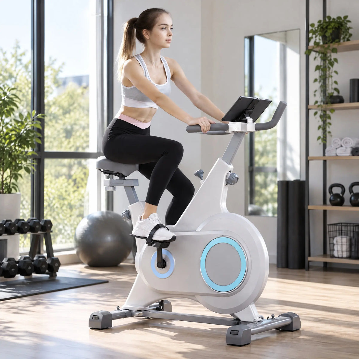 Magnetic Exercise Bike with Belt Drive, Enclosed Flywheel and Tablet Holder, White