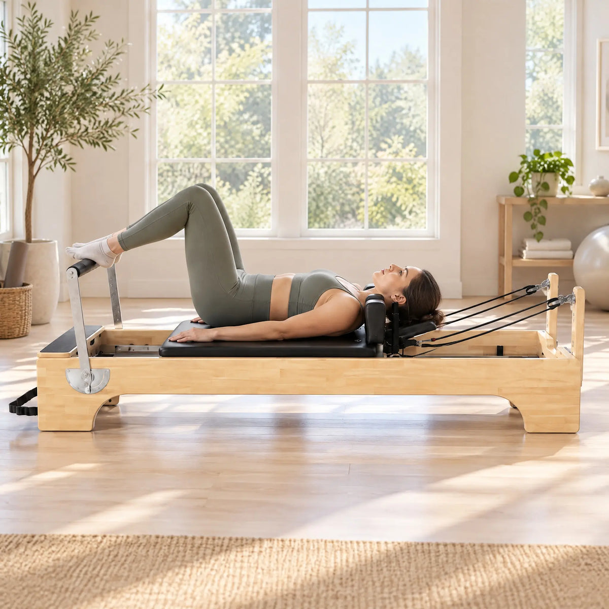 Oak Wood Pilates Reformer with Cut-Out Base and Padded Box