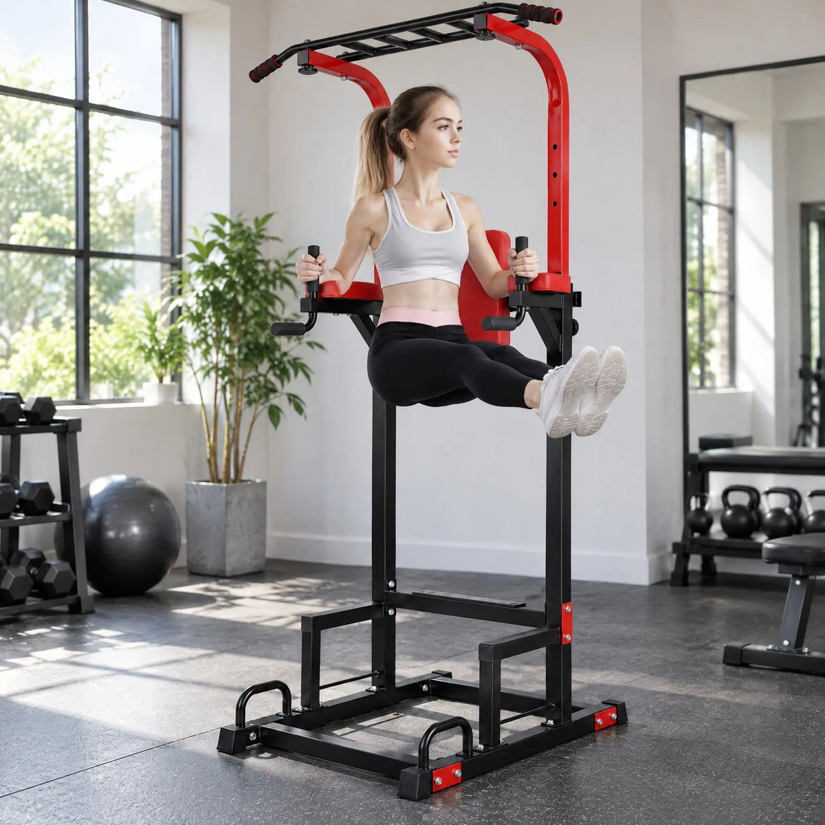Red and Black Power Tower with Multi-Grip Pull-Up Bar and Dip Station