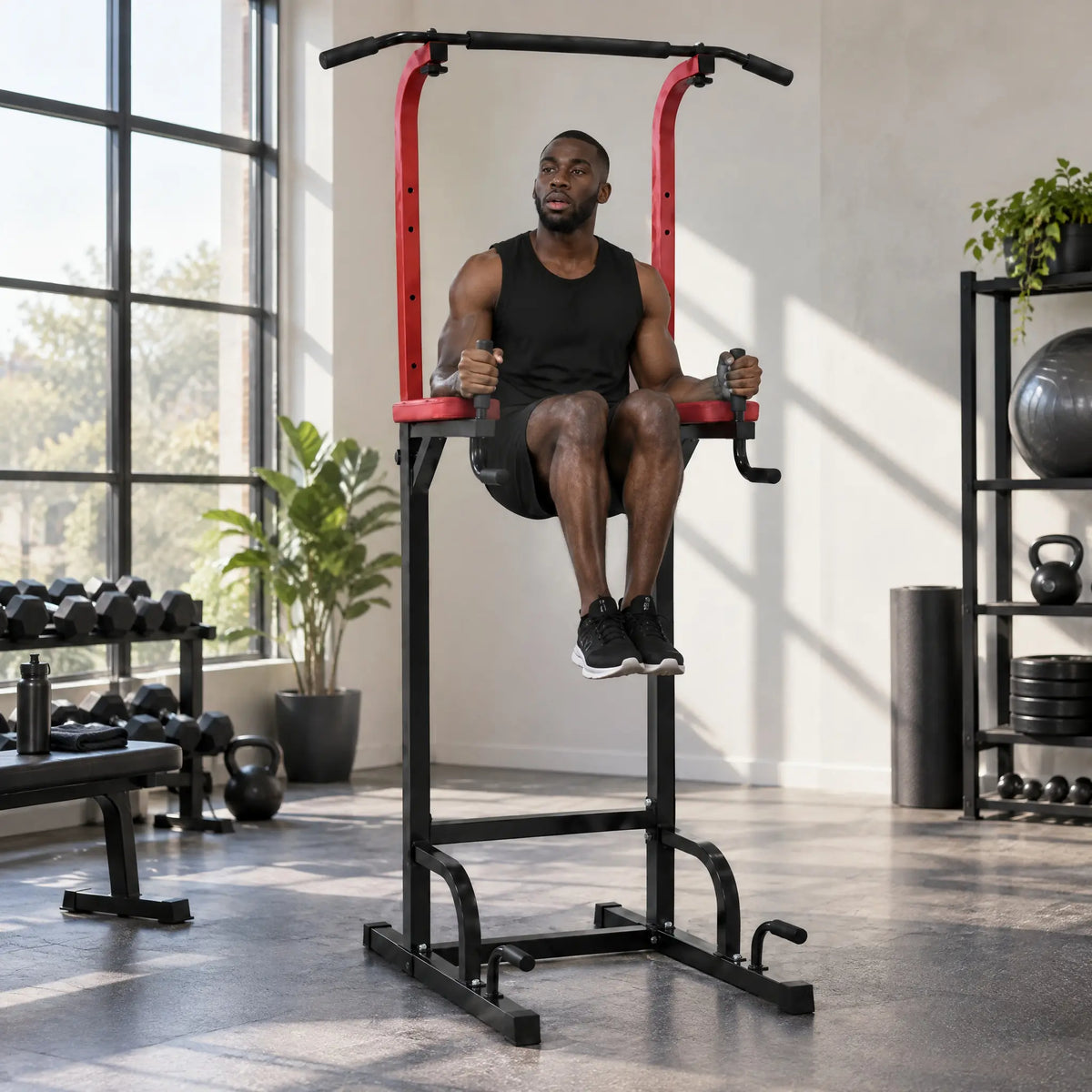 Steel Power Tower with Pull-Up Bar, Padded Dip Arms and Knee Raise Backrest
