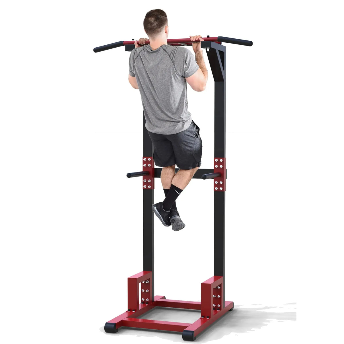 Tall Open-Frame Power Tower in Red and Black with Pull-Up Bar and Dip Handles