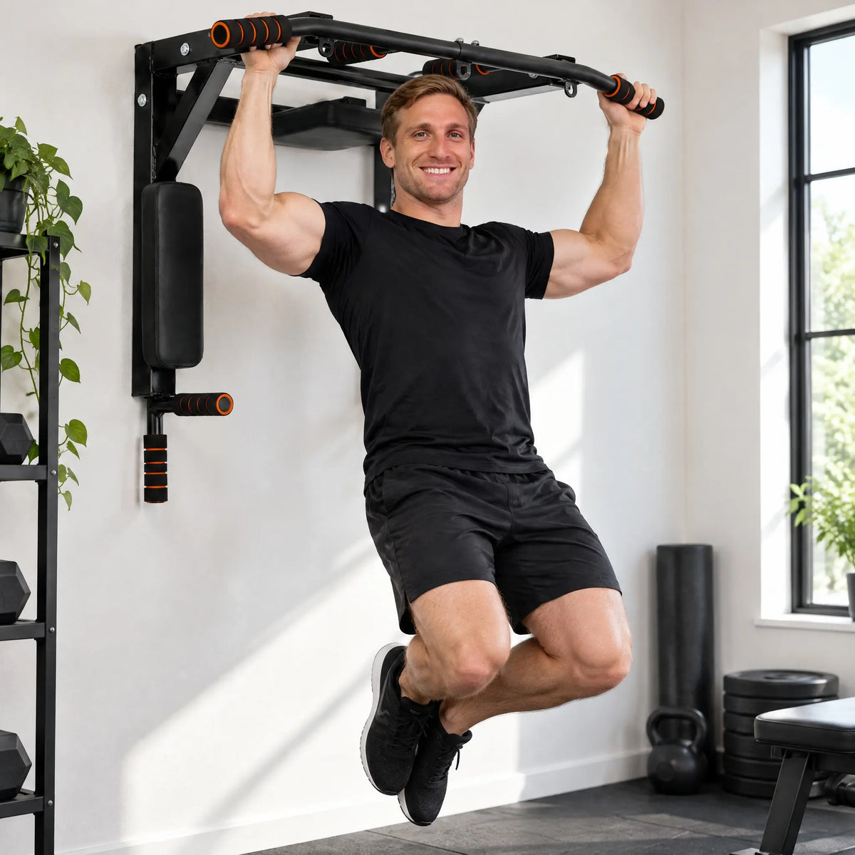 Wall-Mounted Pull-Up and Dip Station with Padded Backrests