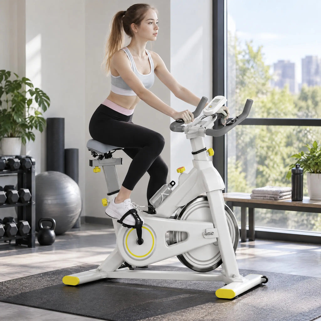 White Spin Bike with Yellow Accents, 6 kg Flywheel and LCD Display