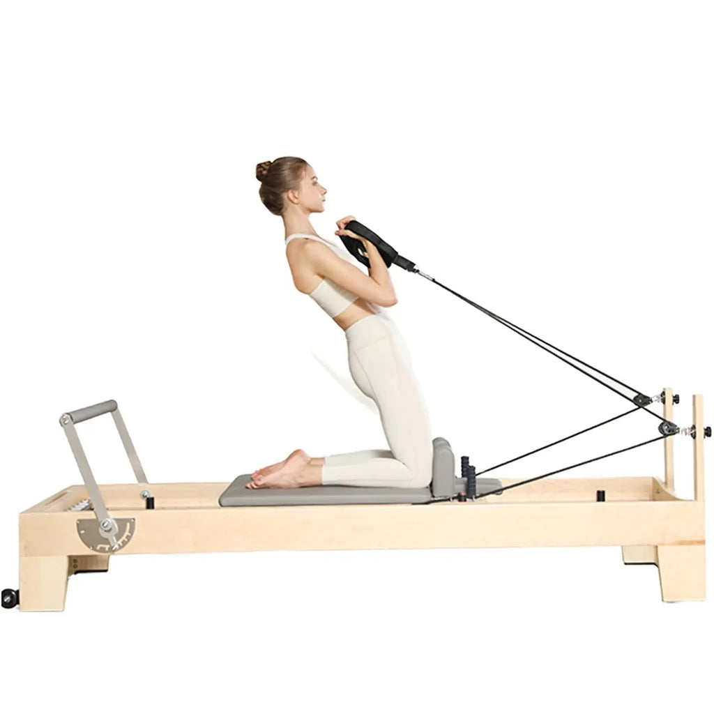 Wooden Pilates Reformer with Grey Padded Carriage and Footbar