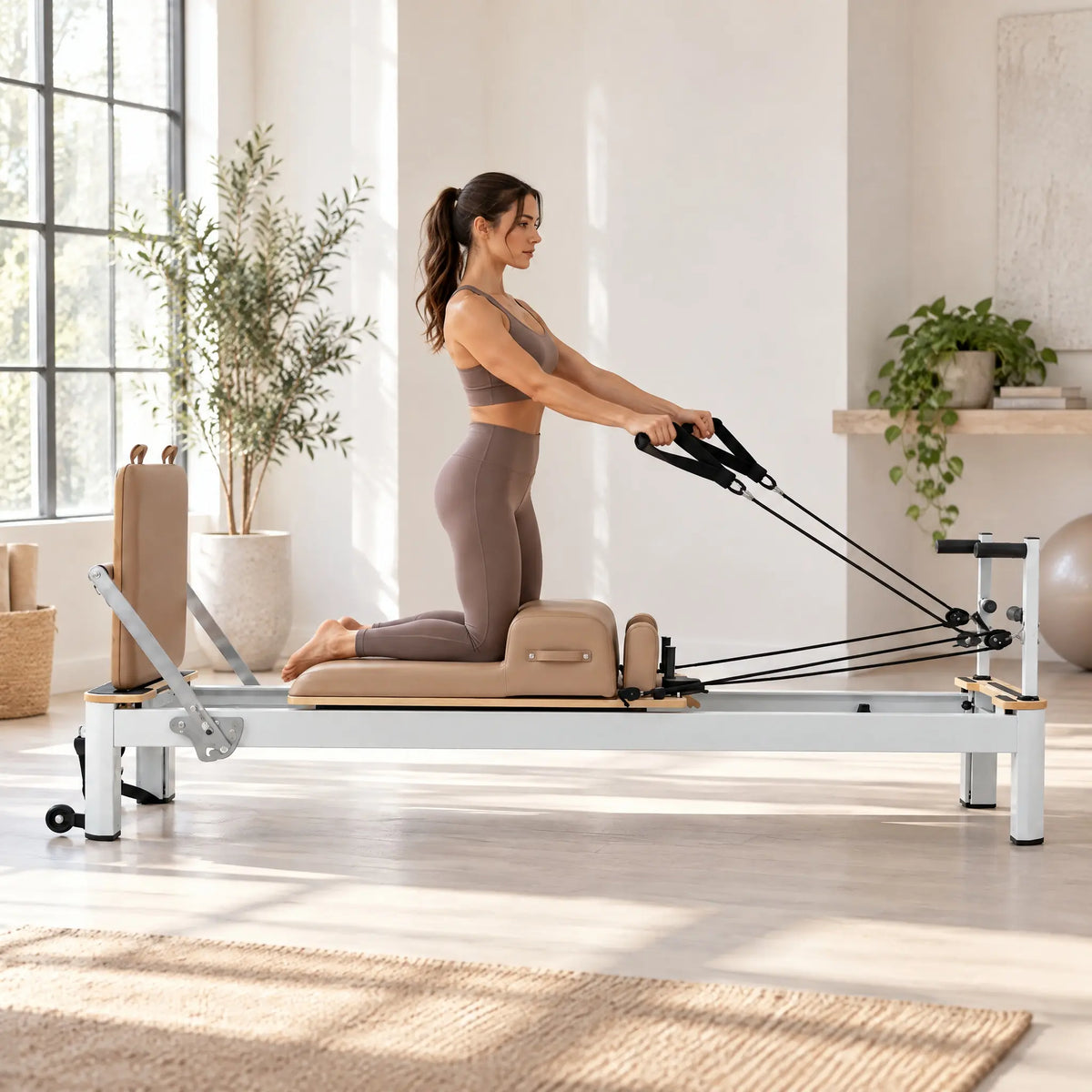 Aluminium and Wood Pilates Reformer Set, White Frame with Taupe Upholstery