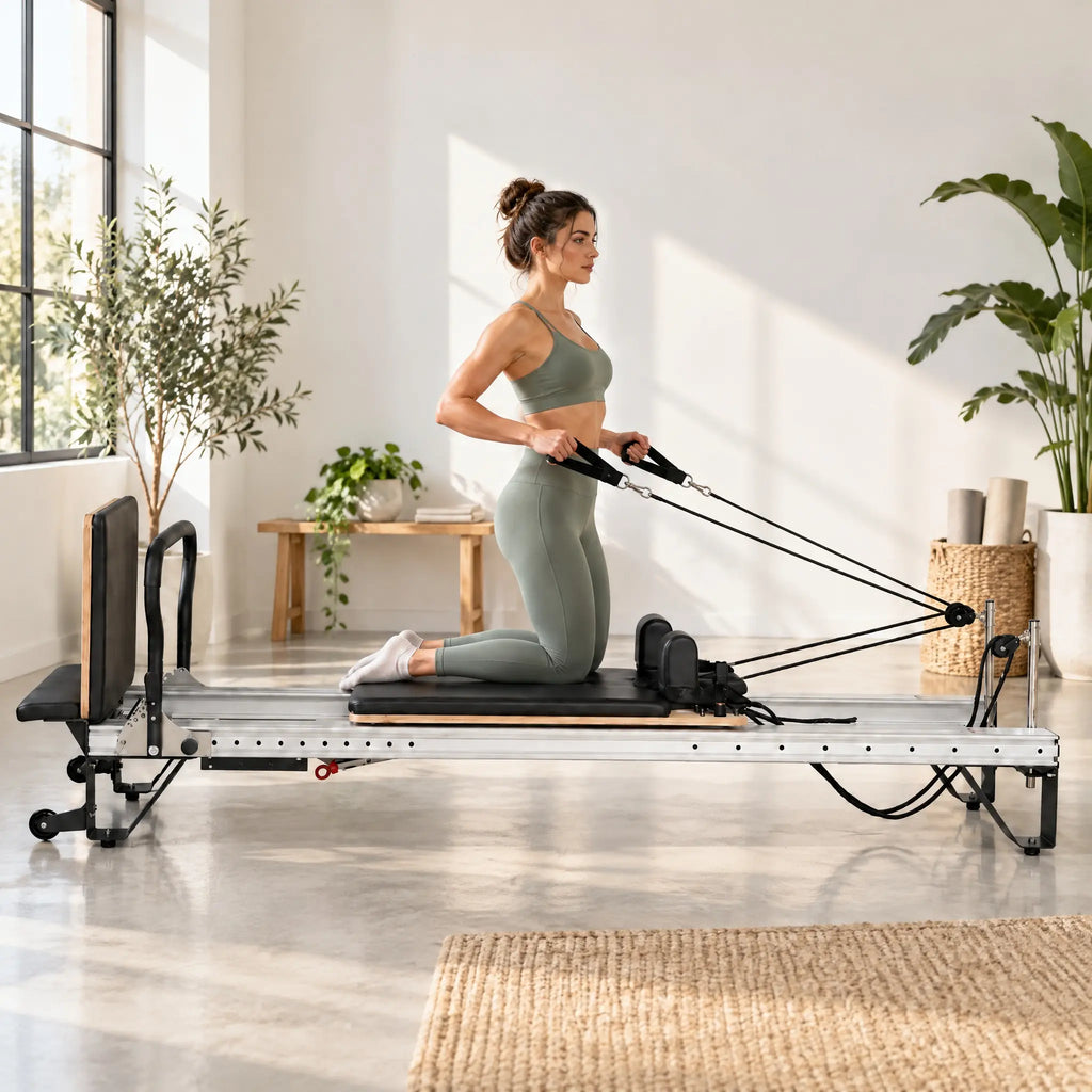 Aluminium and Wood Pilates Reformer with Black Upholstery