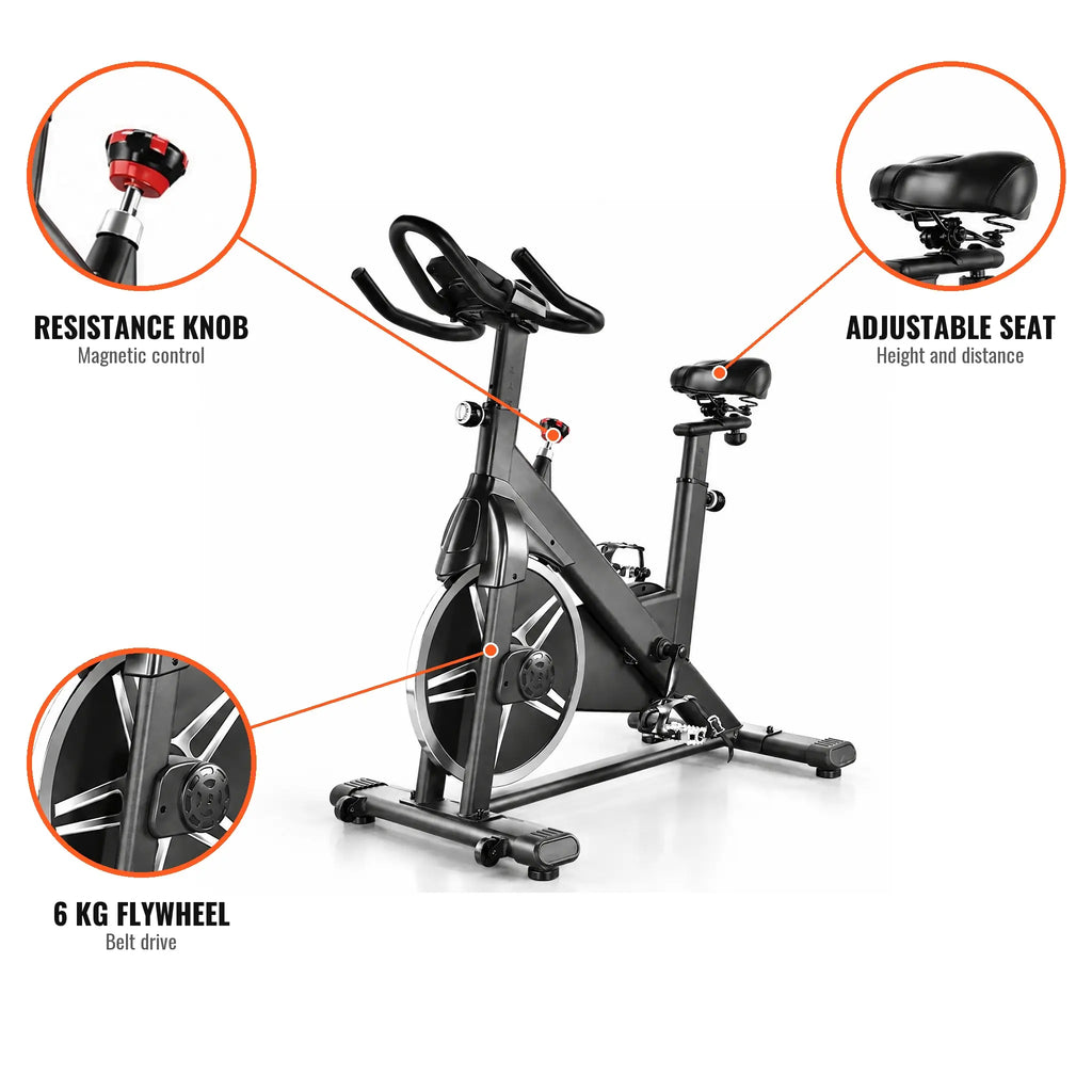 Black Magnetic Spin Bike with 6 kg Flywheel, Belt Drive and Resistance Knob