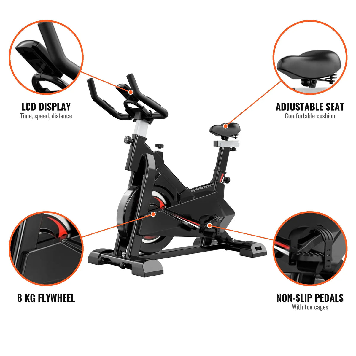 Black Spin Bike with 8 kg Flywheel, Resistance Lever and LCD Display