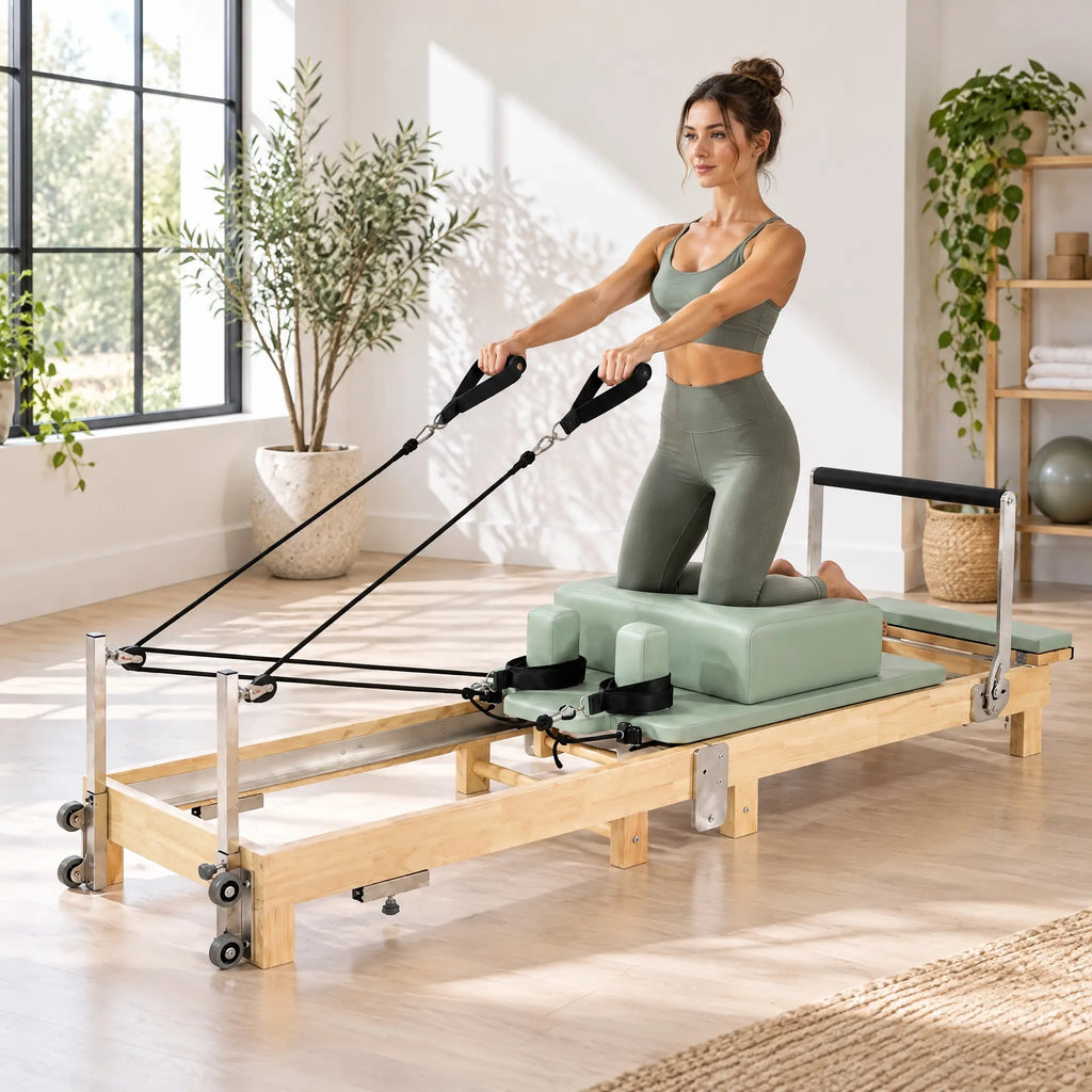 Foldable Maple Pilates Reformer with Sage Green Upholstery and Upright Storage