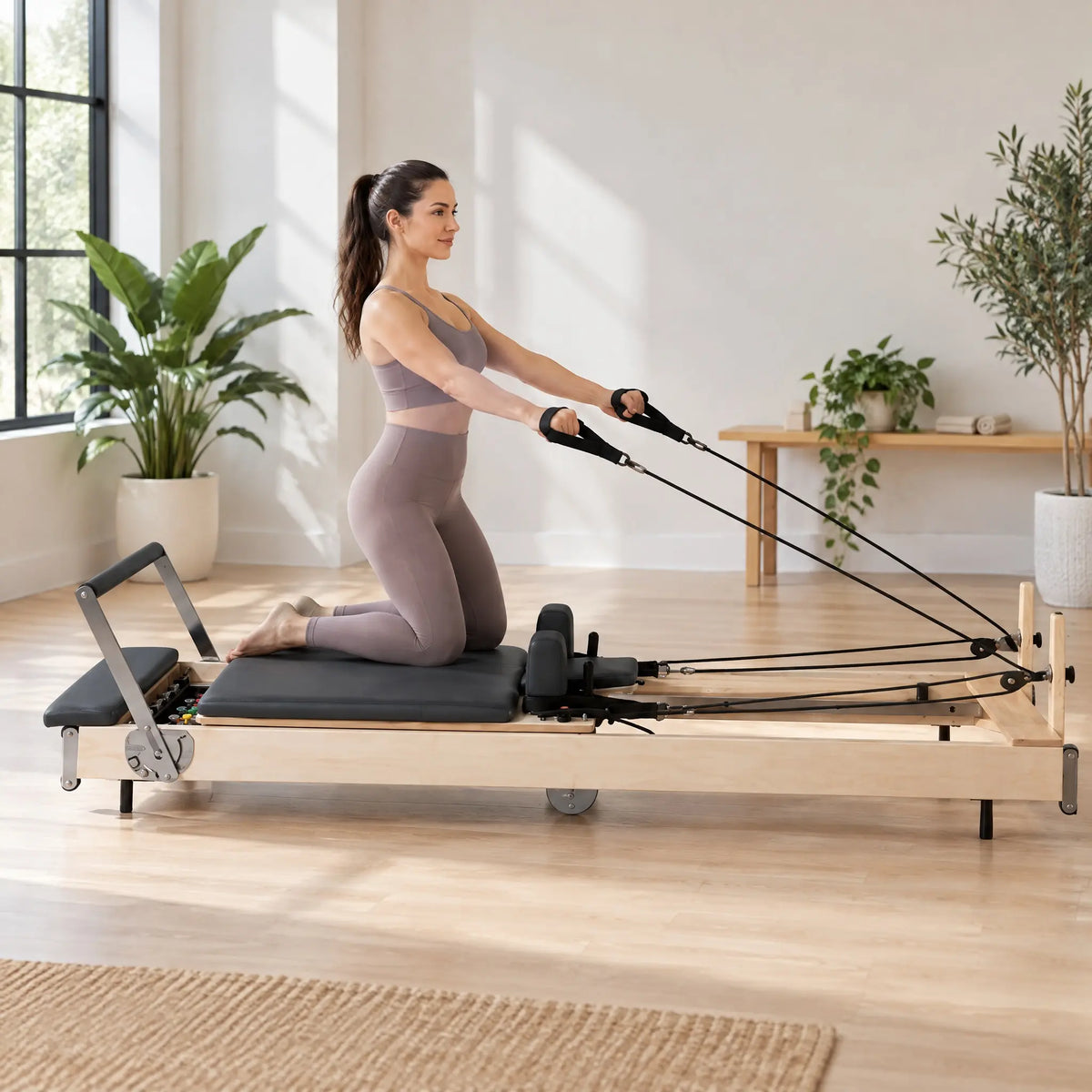 Foldable Maple Wood Pilates Reformer with Steel Backrest Frame