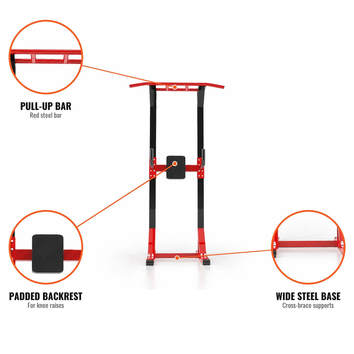 Free-Standing Black and Red Power Tower with Pull-Up Bar and Padded Backrest