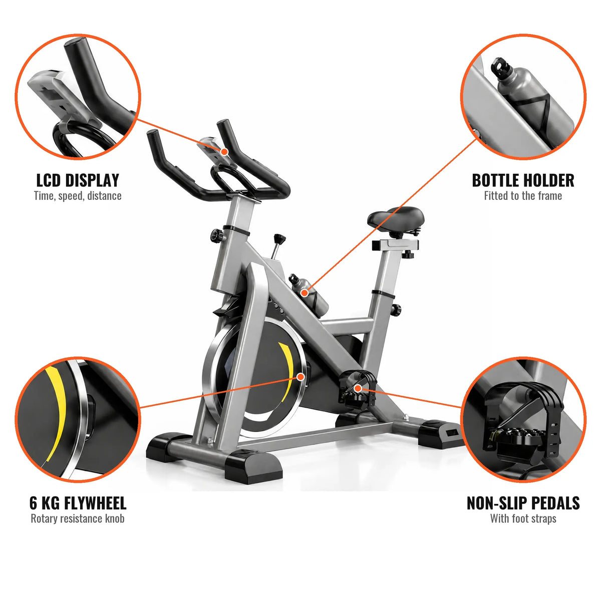 Grey Spin Bike with Yellow Accents, 6 kg Flywheel and LCD Display